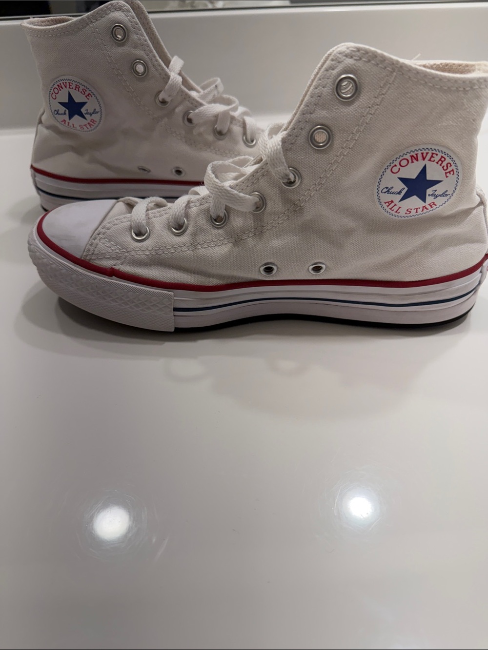 Converse White High Top Kids Sneakers with Red & Blue Accents